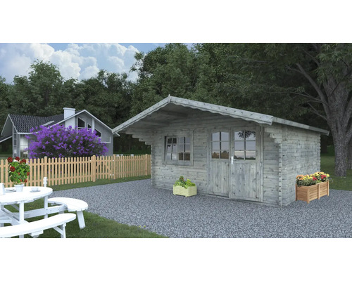 Abri de jardin Palmako Sally 15,5 m² avec plancher et auvent 450 x 360 cm apprêt par immersion gris