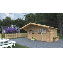 Garten Szene mit Holzgartenhaus, Tisch und Blumenkästen