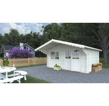 Scène avec cabane de jardin en bois, fenêtres et porte