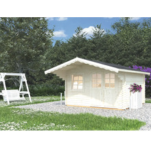 Gartenszene mit Gartenhaus und Gartenschaukel