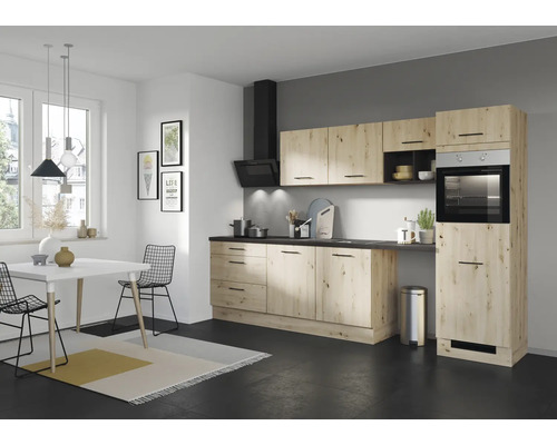 Cuisine complète sans appareils IMPULS PESCE 320 cm chêne clair mat prémontée variante droite IP120-IBZ43202K-K111-F111-A648-G782