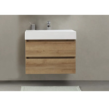 Hängender Waschtischunterschrank mit zwei Schubladen und Aufsatzwaschbecken im Badezimmer.