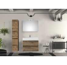 Badezimmer mit Waschbeckenunterschrank, Spiegelschrank und Hochschrank in Holzoptik