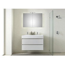 Modernes Badezimmer mit Waschbeckenunterschrank, Spiegelschrank und Dusche