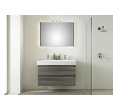 Modernes Badezimmer mit Waschbeckenunterschrank, Spiegelschrank und Duschkabine