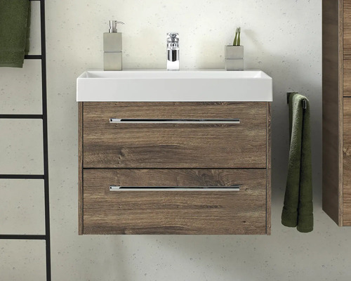 Waschtischunterschrank mit zwei Schubladen, Waschbecken, Armatur und Badaccessoires