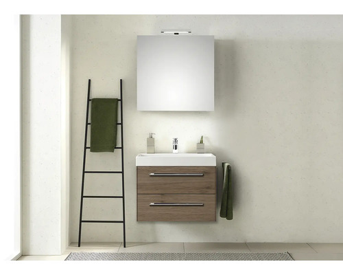 Badezimmer mit Waschbeckenunterschrank, Spiegelschrank, Handtuchleiter und Handtüchern.