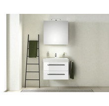 Modernes Badezimmer mit Waschbeckenunterschrank, Spiegelschrank und Handtuchhalter-Leiter.