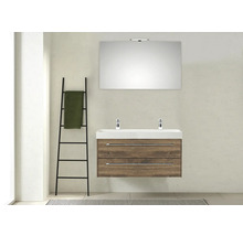 Badezimmer mit Waschtischunterschrank mit zwei Schubladen, Doppelwaschbecken und Spiegel