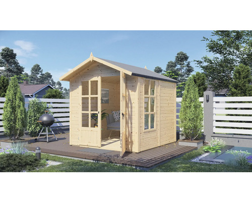 Gartenhaus Bertilo Melrose mit Fußboden 214 x 246 cm natur Gartenhaus aus Holz mit geöffneter Doppeltür und mehreren Fenstern auf einer Holzterrasse in einem Garten.