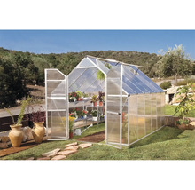 Serre avec portes ouvertes et étagères à plantes dans le jardin.