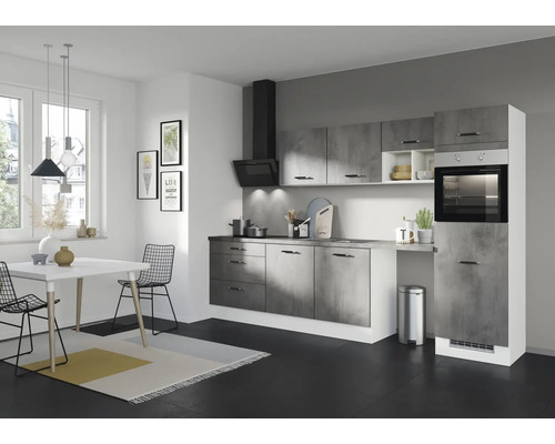 IMPULS Küchenzeile mit Geräten PESCE 320 cm beton matt montiert Variante rechts