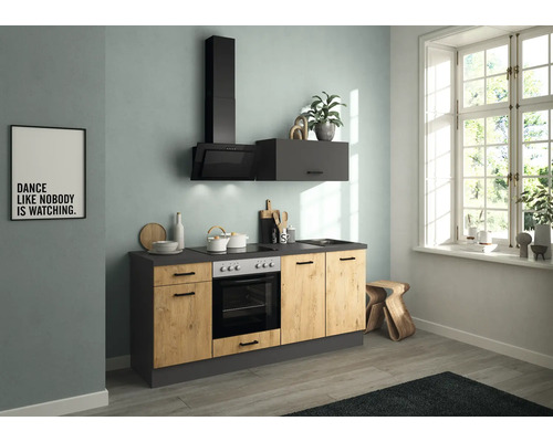 IMPULS Küchenzeile mit Geräten PESCE 195 cm vintage eiche grafit matt montiert Variante rechts