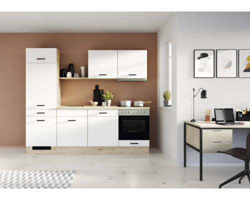 Cuisine complète sans appareils IMPULS PESCE 240 cm blanc mat prémontée variante gauche IP120-IBZ4240G2-K111-F628-A111-G754