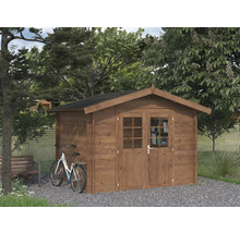 Gartenszene mit Holzgartenhaus, Fahrrad und Bank