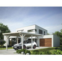 Maison moderne avec abri voiture et voiture garée