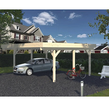Carport aus Holz mit Auto und Fahrrad