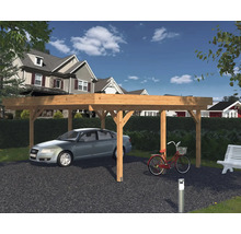 Carport aus Holz mit Auto und Fahrrad