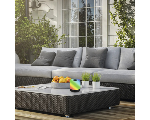 Scène de terrasse avec canapé, table basse, coupe de fruits, plantes en pot et lampe de table à changement de couleur.