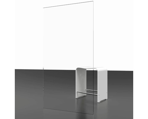 Paroi de protection autoportante en verre à côté d''un tabouret.