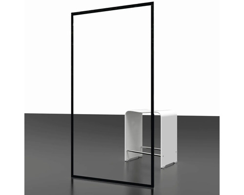 Paroi de douche autoportante avec cadre noir et tabouret