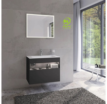Salle de bains avec meuble sous-vasque, miroir avec éclairage et label PEFC pour une gestion forestière durable