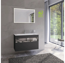Salle de bain avec meuble sous-lavabo, miroir lumineux et label PEFC