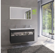 Salle de bains moderne avec miroir lumineux, meuble sous-lavabo et label PEFC