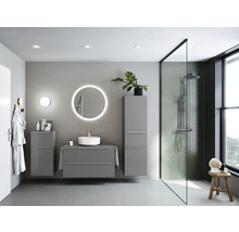 Badmöbel-Set NOBILIA Programm 3 BxHxT 101 x 169,1 x 48,7 cm Frontfarbe grau hochglanz mit Aufsatz-Waschtisch weiß und Spiegel rund mit LED-Beleuchtung Griffleiste chrom matt 460