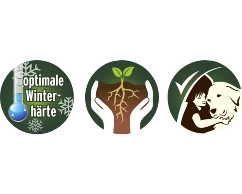 Symbole für Winterhärte, Schutz der Pflanze, und Haustierfreundlichkeit