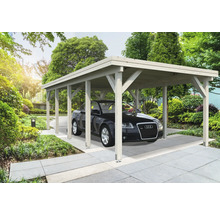 Carport en bois avec voiture dans le jardin