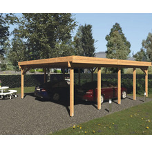 Double abri de voiture en bois avec deux voitures garées