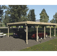 Double carport en bois avec deux voitures garées