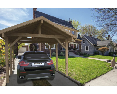 Carport simple Palmako Robert 11,7 m² 360x510 cm apprêt par immersion marron Abri de voiture en bois avec voiture en arrière-plan