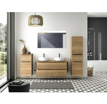 Set de meubles de salle de bains double NOBILIA Programm 3 lxhxp 230 x 169,1 x 48,7 cm couleur de façade chêne naturel avec vasque à poser blanc et miroir avec éclairage LED armoire midi meuble bas barre de prise noire 575