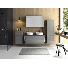 Set de meubles de salle de bains double NOBILIA Programm 3 lxhxp 230 x 169,1 x 48,7 cm couleur de façade gris haute brillance avec vasque pour meuble et armoire de toilette à 3 portes avec éclairage LED meuble bas armoire midi barre de prise noire 581