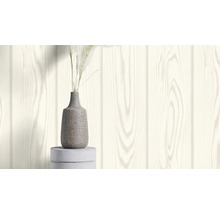 Papier peint décoratif aspect bois avec vase et fleurs séchées sur un socle