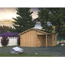 Holzgarage mit Anbau im Garten mit Rasenfläche und Bäumen