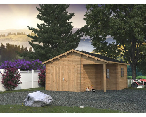 Garage simple Palmako Roger 21,9+5,2 m² avec porte en bois 510 x 550 cm apprêt par immersion marron