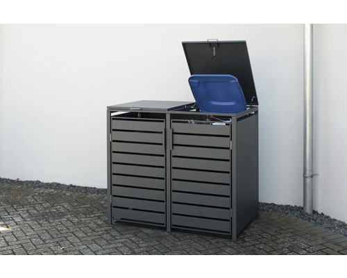 Mülltonnenbox für zwei Mülltonnen mit geöffnetem Deckel