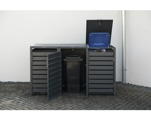 Cache-poubelle avec poubelles et portes ouvertes