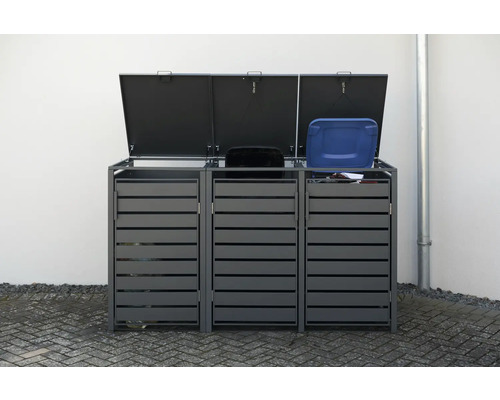 Cache-conteneurs pour trois poubelles avec couvercles ouverts