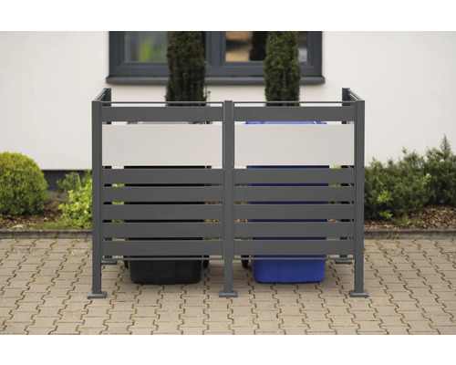 Mülltonnenbox für zwei Mülltonnen aus Metall mit horizontalen Streben