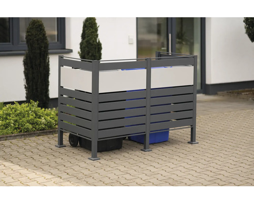 Mülltonnenbox WESTMANN Planum 2 170 x 90 x 120 cm anthrazit Mülltonnenbox mit zwei Mülltonnen im Außenbereich.