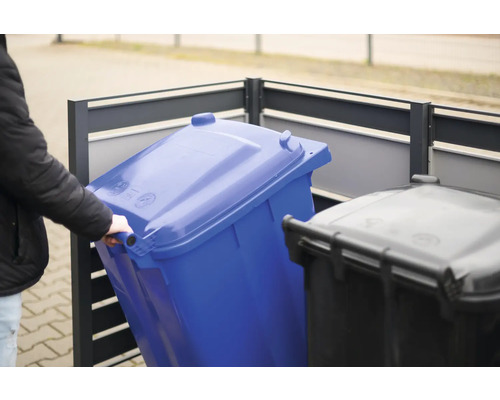 Mülltonnenbox mit blauer und grauer Mülltonne