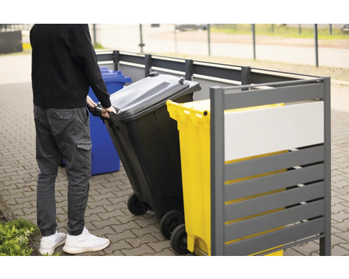 Mülltonnenbox mit Mülltonnen auf Rädern