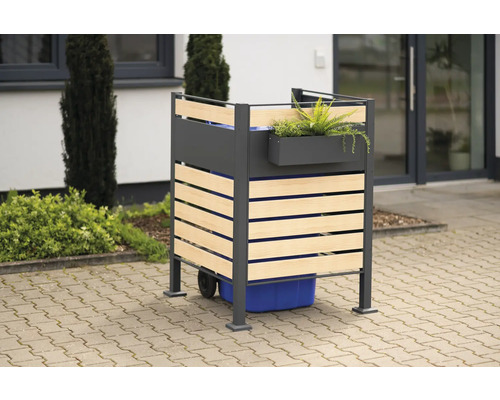 Cache-poubelle avec jardinière et habillage en bois pour dissimuler les poubelles à l''extérieur