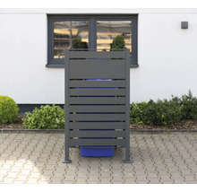 Graue Mülltonnenbox mit horizontalen Lamellen zur Mülltonnenverkleidung im Außenbereich.