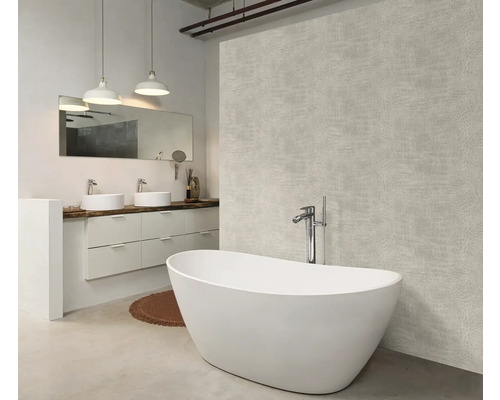 Salle de bains moderne avec baignoire îlot, meuble-lavabo avec deux lavabos et grand papier peint