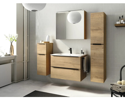 Salle de bains avec meuble-lavabo, armoire de toilette à miroir et armoire haute aspect bois.